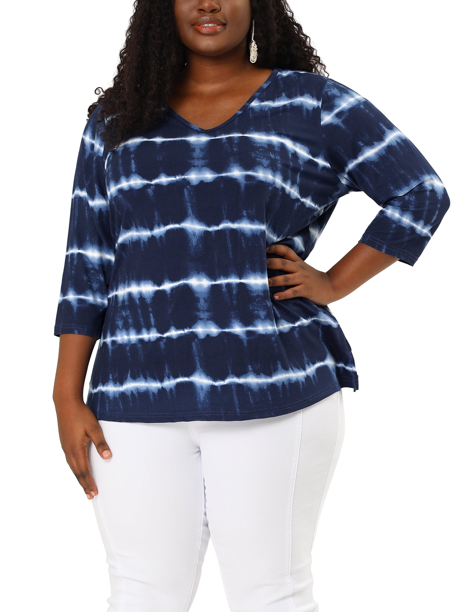 Agnes-Orinda-Women-s-Plus-Size-Halloween-Tie-Dye-Stripe-V-Neck-3-4-Sleeve-Side-Slit-Top_c2b79b85-50bf-4719-87ab-0a571bcbe97b.c0500c151ea777cc385b3507938a68e5 Agnes Orinda Women's Plus Size Halloween Tie Dye Stripe V Neck 3/4 Sleeve Side Slit Top - Image 1