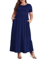 Mengpipi Women's Plus Size Casual Short Sleeve Crewneck Dress Flowy Tiered Loose Maxi Dress with Pockets Navyblue 1X-4X